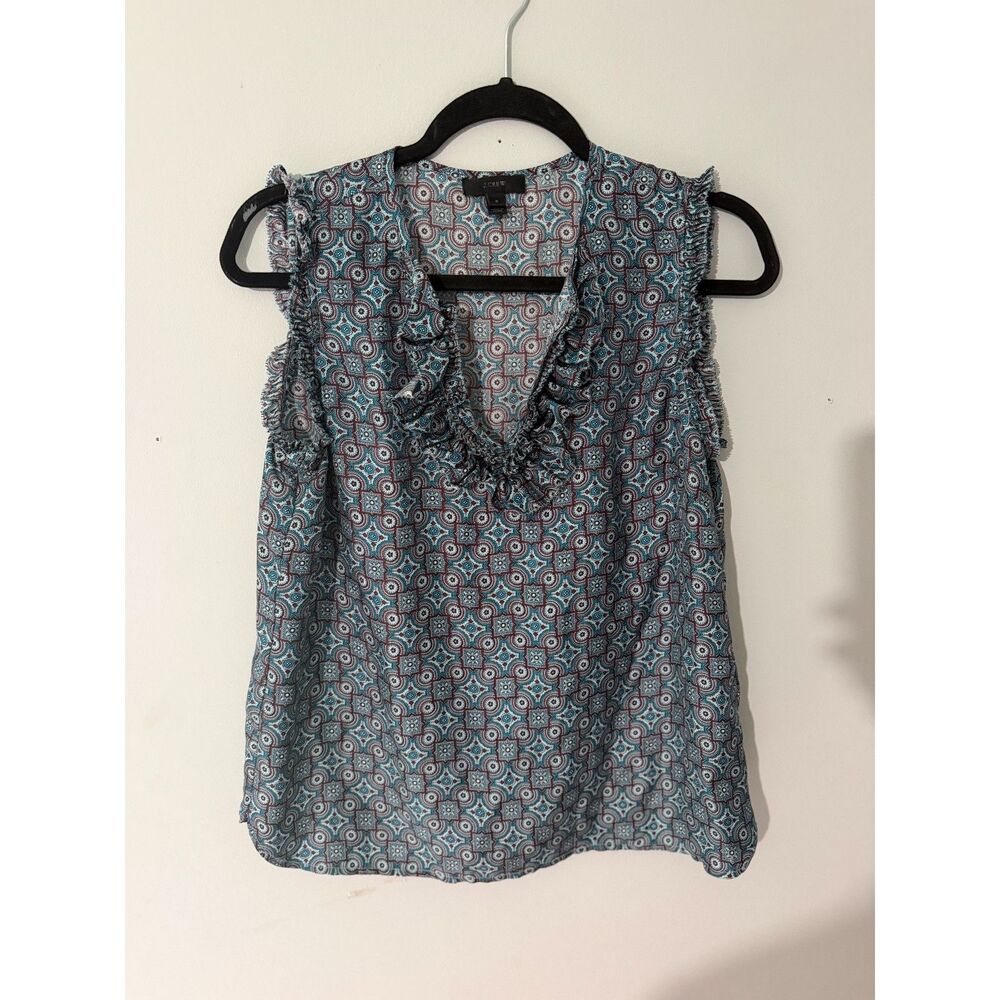 J.Crew Geometric Print Ruffle Blouse – Teal Blue & Burgundy Sleeveless Boho Top